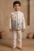 The Nesavu Boys Kurtha Set Boys Jacket Dress for Festive Days and Family Gatherings Nesavu 16 (1Y) / Half white / Cotton BES1001A-16 Nesavu Boys Cotton Kurta Set For Festive Wear And Family Gatherings With Digital Print Comfortable Outfit