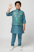 The Nesavu Boys Jacket Sets Boys Jacket Kurta Set for Festive Functions and Weddings Nesavu 16 (1Y) / Blue BES829B-16 Nesavu boys jacket kurta set floral embroidery weddings festive occasions