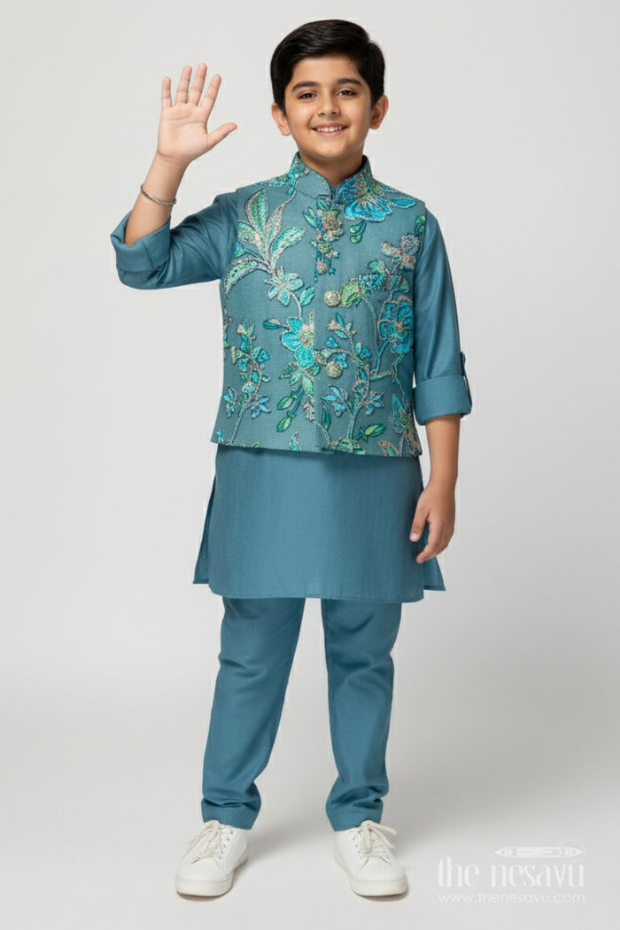 The Nesavu Boys Jacket Sets Boys Jacket Kurta Set for Festive Functions and Weddings Nesavu 16 (1Y) / Blue BES829B-16 Nesavu boys jacket kurta set floral embroidery weddings festive occasions