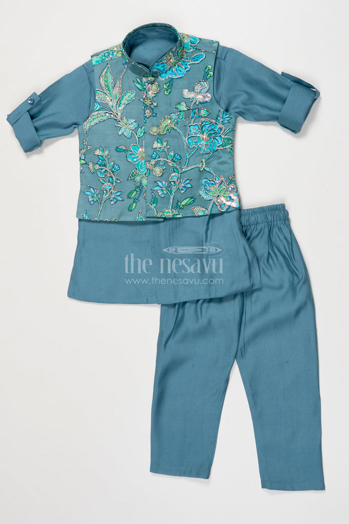 The Nesavu Boys Jacket Sets Boys Jacket Kurta Set for Festive Functions and Weddings Nesavu 16 (1Y) / Blue BES829B-16 Nesavu boys jacket kurta set floral embroidery weddings festive occasions
