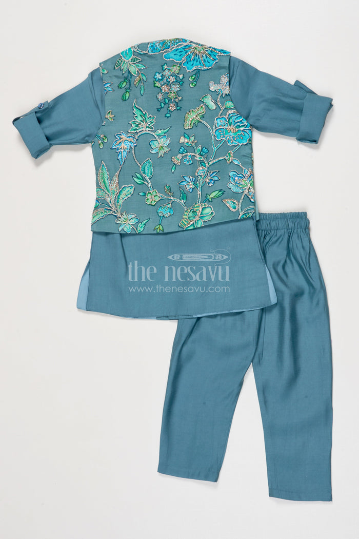 The Nesavu Boys Jacket Sets Boys Jacket Kurta Set for Festive Functions and Weddings Nesavu Nesavu boys jacket kurta set floral embroidery weddings festive occasions