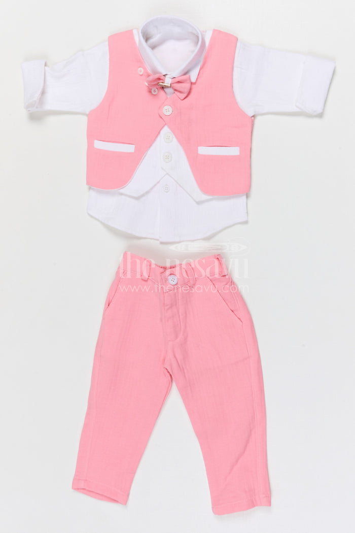 The Nesavu Boys Jacket Sets Boys Jacket Set for Festive Occasions and Traditional Celebrations Nesavu 12 (3M) / Pink / Muslin Cotton BCS505B-12 Nesavu boys muslin cotton jacket set for festive occasions weddings and cultural celebrations