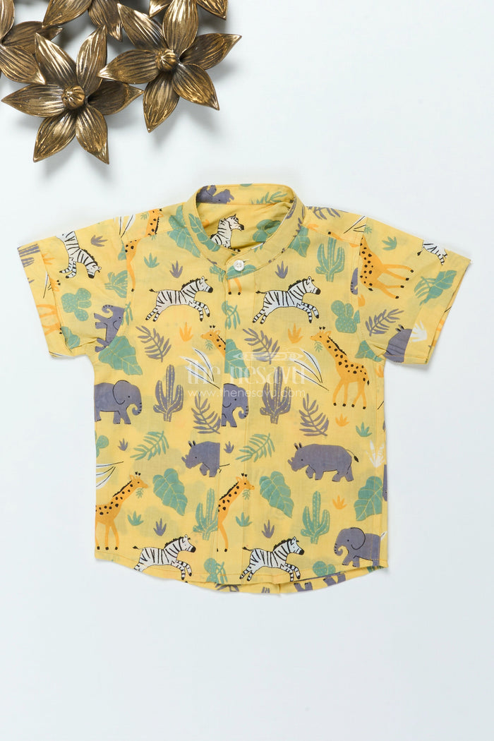 The Nesavu Boys Cotton Shirt Boys Jungle-Themed Cotton Shirt for Summer Outings and Everyday Wear Nesavu Nesavu boys cotton shirt jungle animal print everyday wear outdoor fun