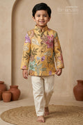 The Nesavu Boys Kurtha Set Boys Kurta Set for Festive Celebrations and Traditional Gatherings Nesavu 16 (1Y) / Yellow / Viscose Silk BES965A-16 Nesavu boys viscose blend silk kurta set with digital print for festive celebrations