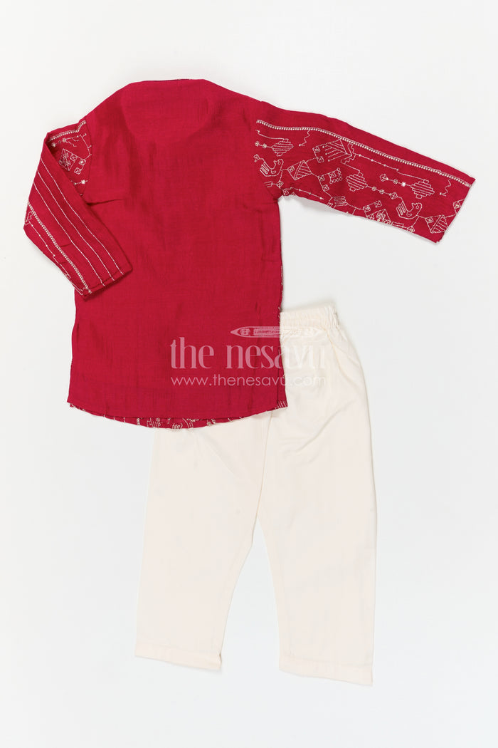 The Nesavu Boys Kurtha Set Boys Kurta Set for Festive Celebrations and Traditional Occasions Nesavu Nesavu boys viscose silk blend kurta set with embroidery design for festive celebrations and traditional wear