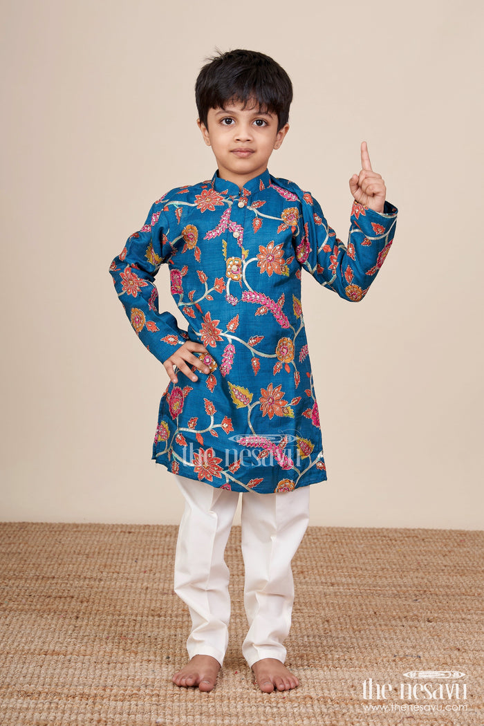 The Nesavu Boys Kurtha Set Boys Kurta Set with Embroidery for Festivals and Formal Occasions Nesavu 16 (1Y) / Blue BES816A-16 Nesavu boys embroidered kurta pajama set tissue silk weddings poojas