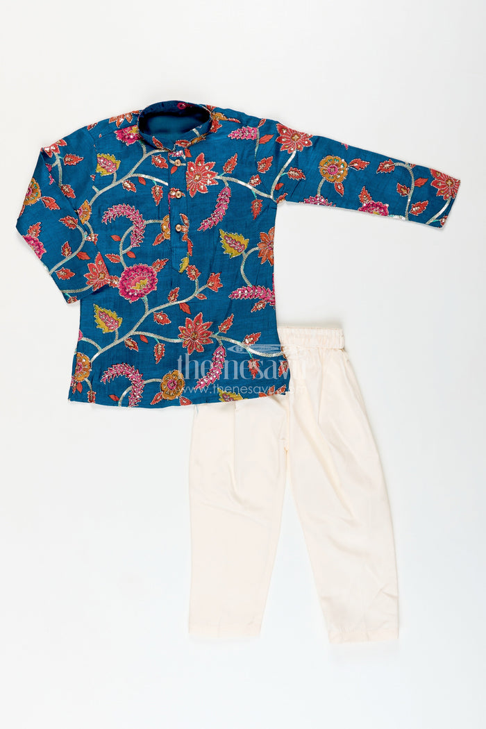 The Nesavu Boys Kurtha Set Boys kurta set with embroidery for festivals and formal occasions Nesavu Nesavu boys embroidered kurta pajama set tissue silk weddings poojas