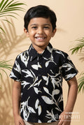 The Nesavu Boys Cotton Shirt Boys Leaf Print Cotton Shirt for Travel and Everyday Casuals Nesavu 20 (3Y) / Black / Cotton BS390A-20 Nesavu boys cotton shirt with bold leaf print for holidays, travel and everyday wear