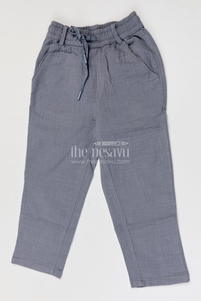The Nesavu Boys Pant Boys Lightweight Muslin Cotton Pants for School Days and Casual Wear Nesavu 16 (1Y) / Gray / Muslin Cotton BWP032D-16 Nesavu boys muslin cotton pants for school days and casual wear breathable kids drawstring pants
