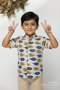 The Nesavu Boys Linen Shirt Boys Linen Shirt with Playful Fish Print for Summer Outings Nesavu 16 (1Y) / Multicolor BS375A-16 Nesavu boys printed linen shirt with colorful fish pattern for summer and casual outings