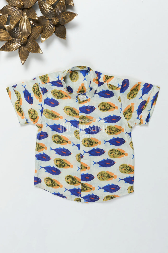 The Nesavu Boys Linen Shirt Boys Linen Shirt with Playful Fish Print for Summer Outings Nesavu Nesavu boys printed linen shirt with colorful fish pattern for summer and casual outings
