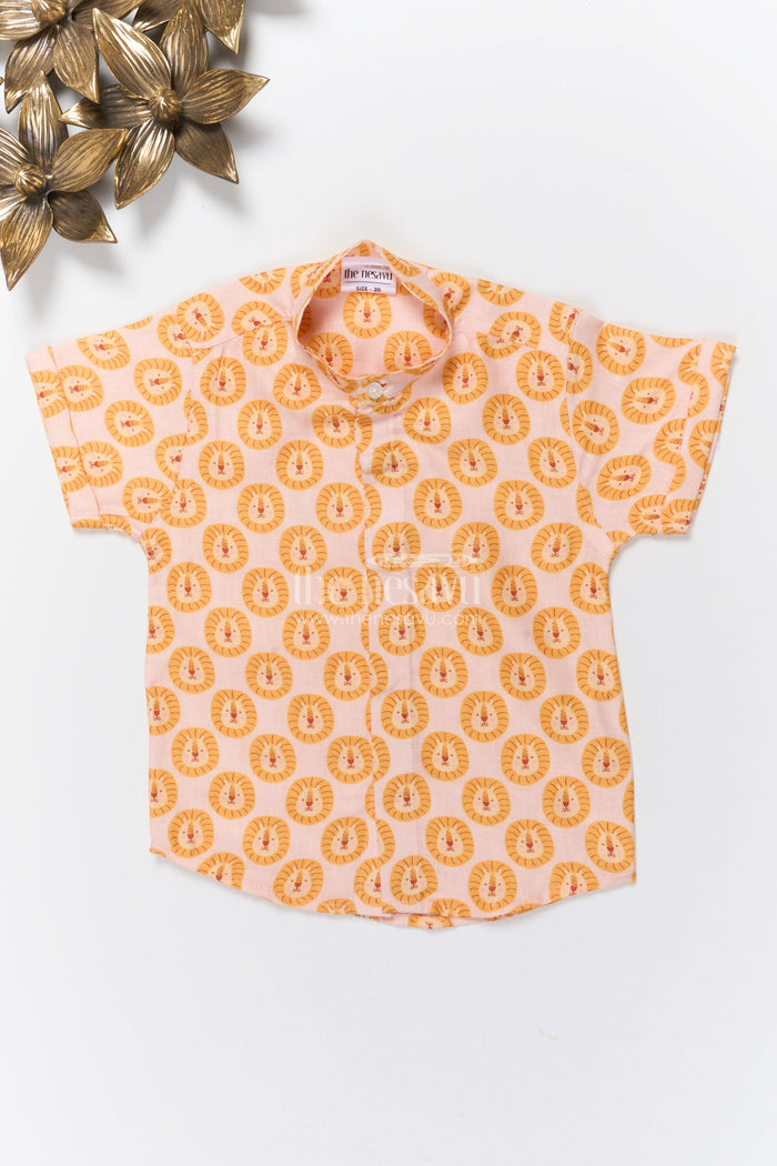 The Nesavu Boys Linen Shirt Boys Lion Face Linen Shirt for Animal Lovers and Everyday Comfort Nesavu 16 (1Y) / Orange BS373A-16 Nesavu boys lion print linen shirt casual dressing animal lovers summer outings