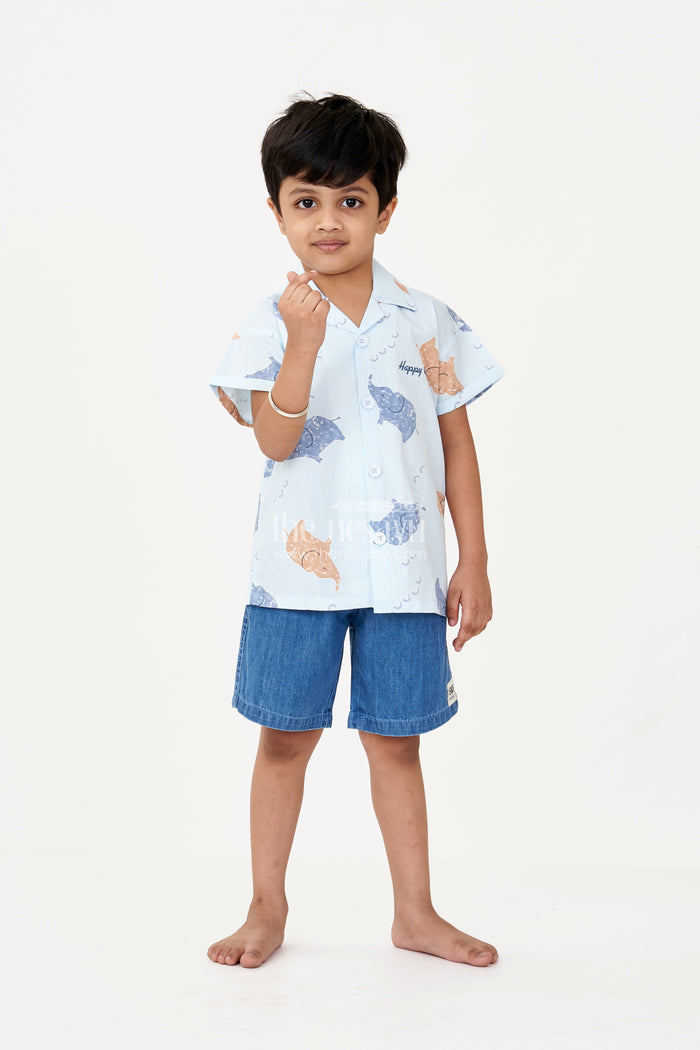 The Nesavu Boys Casual Set Boys Men’S Casual Two Piece Outfits in Light Blue Animal Printed Shirt with Denim Shorts Nesavu 20 (3Y) / Blue BCS220B-20 Boys Mens Casual Two Piece Outfits Blue Animal Print Shirt Denim Cotton Shorts | The Nesavu