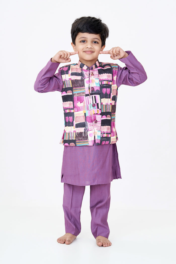 The Nesavu Boys Jacket Sets Boys Modi Jacket and Kurta Set in Purple Muslin Silk with Digital Printed Waistcoat Nesavu 16 (1Y) / Magenta BES631A-16 Nesavu Boys Purple Muslin Silk Kurta Digital Printed Modi Jacket Festive Wear