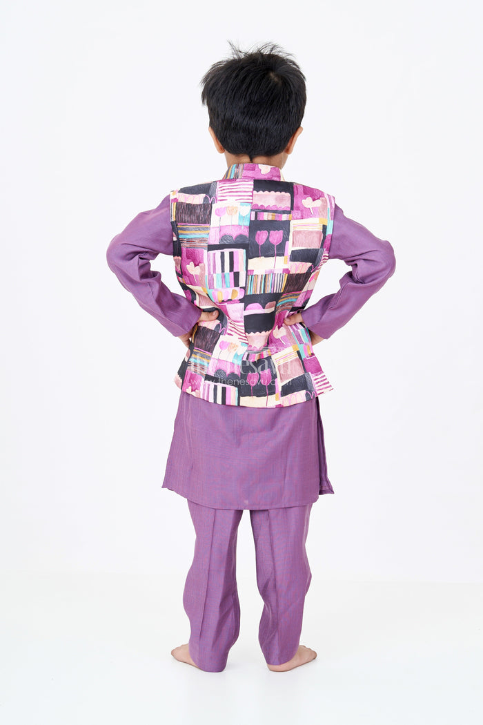 The Nesavu Boys Jacket Sets Boys Modi Jacket and Kurta Set in Purple Muslin Silk with Digital Printed Waistcoat Nesavu Boys Purple Muslin Silk Kurta Digital Printed Modi Jacket Festive Wear | The Nesavu