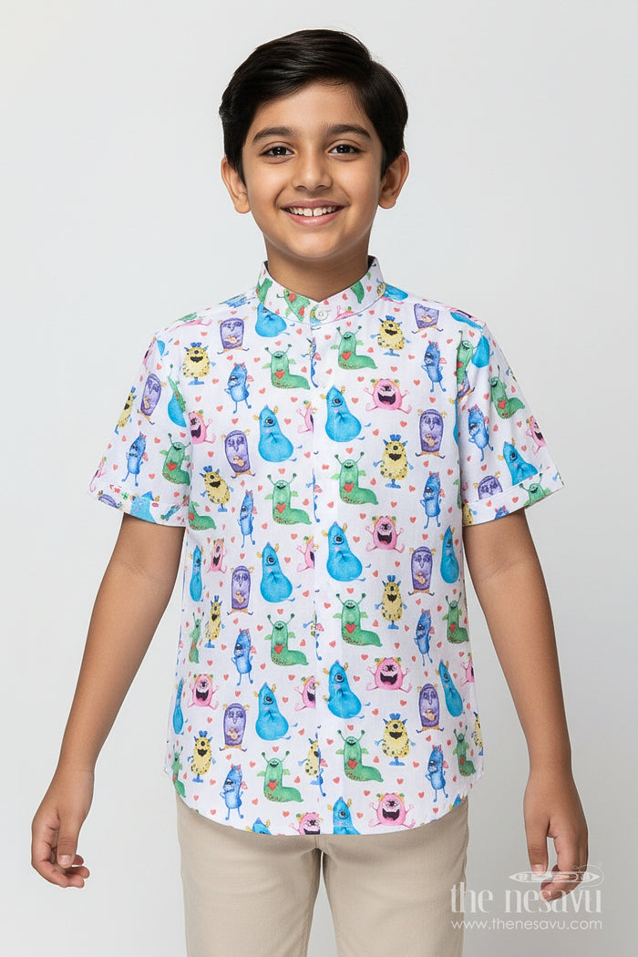 The Nesavu Boys Linen Shirt Boys Monster Print Linen Shirt for Birthday Fun and Playful Dressing Nesavu 16 (1Y) / Blue BS367A-16 Nesavu boys monster digital print linen shirt birthdays playful outings casual wear