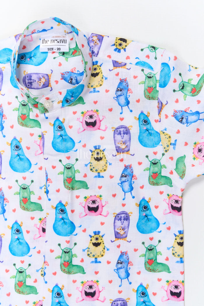 The Nesavu Boys Linen Shirt Boys Monster Print Linen Shirt for Birthday Fun and Playful Dressing Nesavu Nesavu boys monster digital print linen shirt birthdays playful outings casual wear