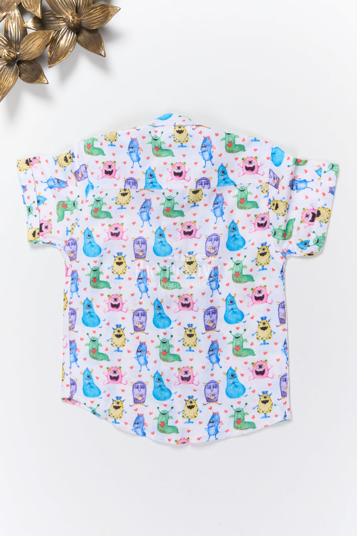 The Nesavu Boys Linen Shirt Boys Monster Print Linen Shirt for Birthday Fun and Playful Dressing Nesavu Nesavu boys monster digital print linen shirt birthdays playful outings casual wear