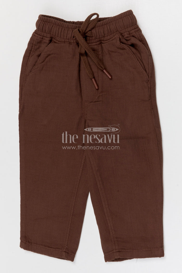 The Nesavu Boys Pant Boys Muslin Cotton Pants for Everyday Comfort and Casual Wear Nesavu 16 (1Y) / Brown / Muslin Cotton BWP031C-16 Nesavu boys muslin cotton pants for everyday comfort breathable kids casual drawstring pants