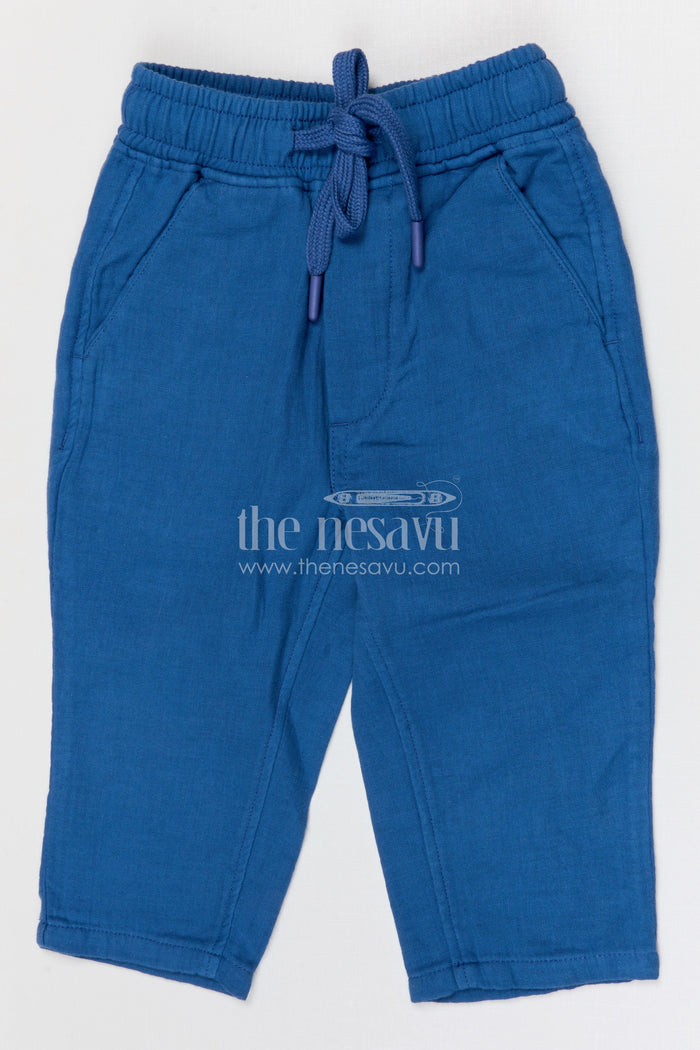 The Nesavu Boys Pant Boys Muslin Cotton Pants for Relaxed Daily Wear and Playtime Nesavu 16 (1Y) / Blue / Muslin Cotton BWP031B-16 Nesavu boys muslin cotton pants for casual daily wear comfortable breathable kids drawstring pants