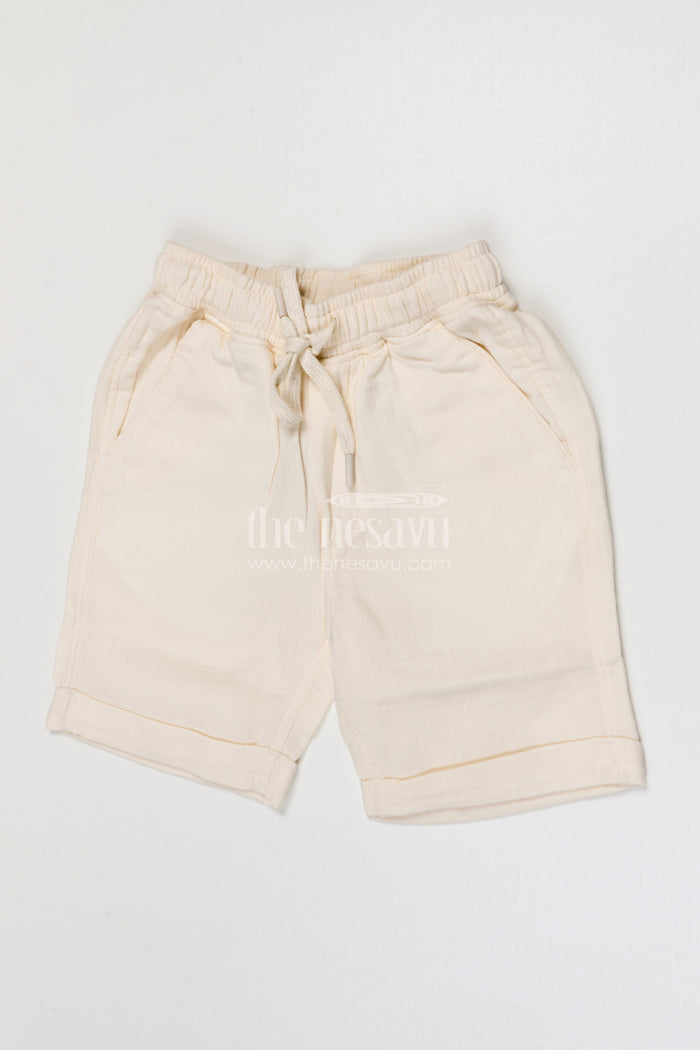 The Nesavu Boys Shorts Boys Muslin Cotton Shorts for Summer Outings and Daily Play Nesavu 14 (6M) / Beige / Muslin Cotton BWS093E-14 Nesavu boys muslin cotton shorts for summer outings breathable kids drawstring casual shorts