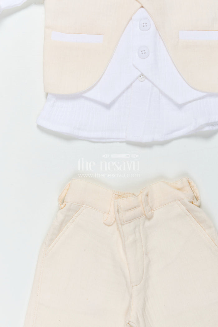 The Nesavu Boys Casual Set Boys Muslin Cotton Waistcoat Set for Weddings and Birthdays Nesavu Nesavu boys waistcoat set in muslin cotton with bow tie for festive weddings and birthdays