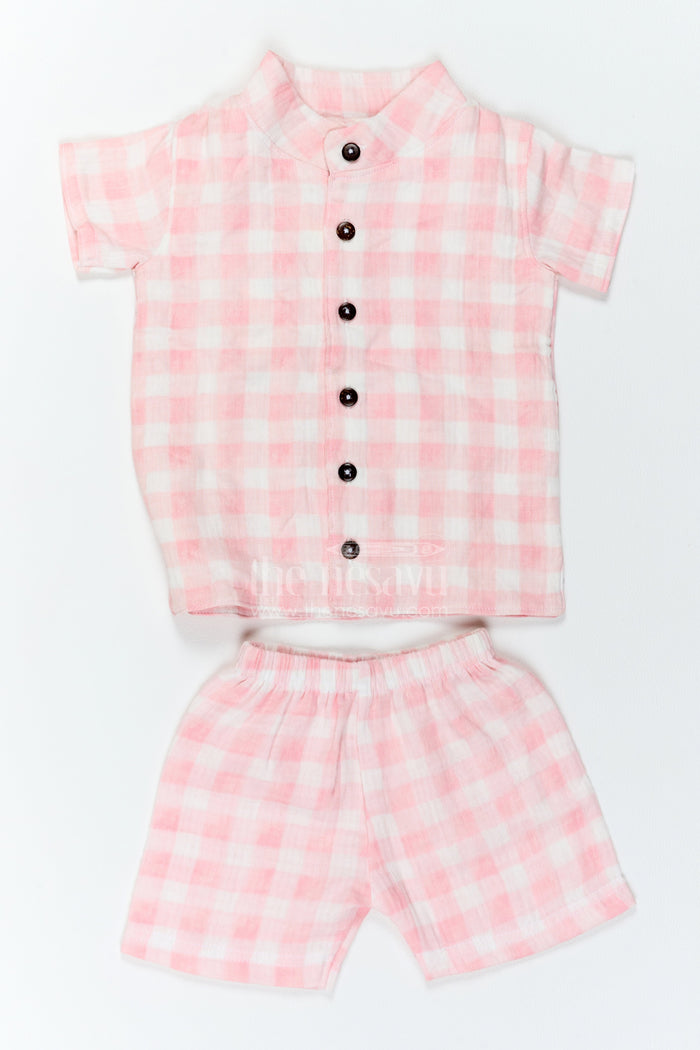 The Nesavu Boys Casual Set Boys Muslin Shirt and Shorts Set for Summer Outings and Playdates Nesavu 10 (NB) / Pink / Muslin BCS617A-10 Nesavu Boys Muslin Shirt And Shorts Set For Summer Outings Playdates Holidays And Casual Weekends