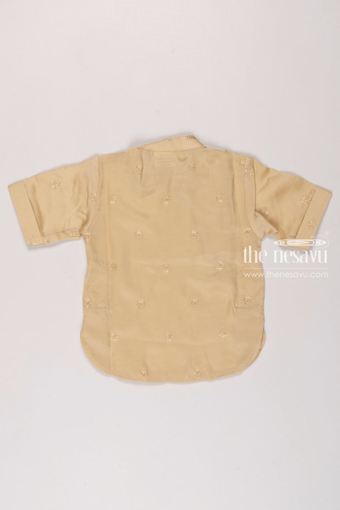 The Nesavu Boys Kurtha Shirt Boys Opulent GoldToned Silk Kurta Shirt with Embroidery Nesavu Boys Silk Embroidered Kurta Shirt | Festive Gold Toned Attire for Kids | The Nesavu