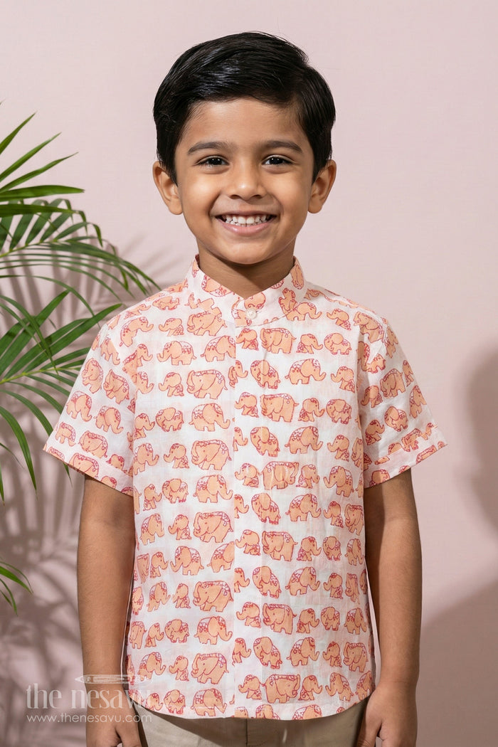 The Nesavu Boys Cotton Shirt Boys Orange Half Shirt in Cotton Block Print with Playful Elephant Motif Nesavu 16 (1Y) / Peach BS247C-16 Boys Orange Half Shirt Cotton Block Print Playful Elephant Print | The Nesavu