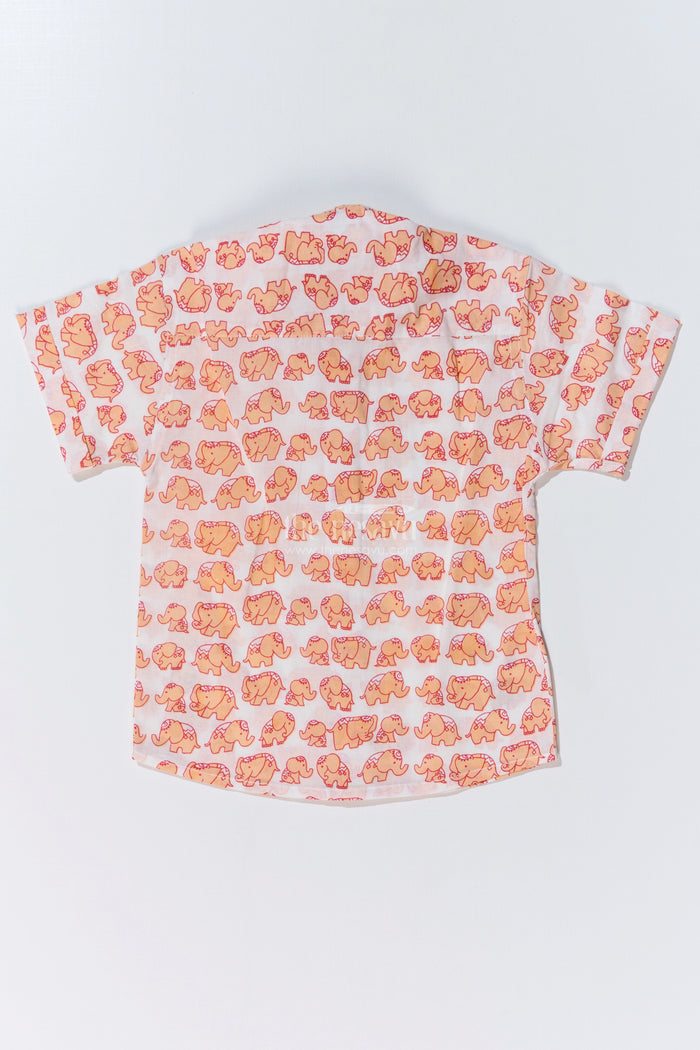 The Nesavu Boys Cotton Shirt Boys Orange Half Shirt in Cotton Block Print with Playful Elephant Motif Nesavu Nesavu Boys Orange Half Shirt Cotton Block Print Playful Elephant Print