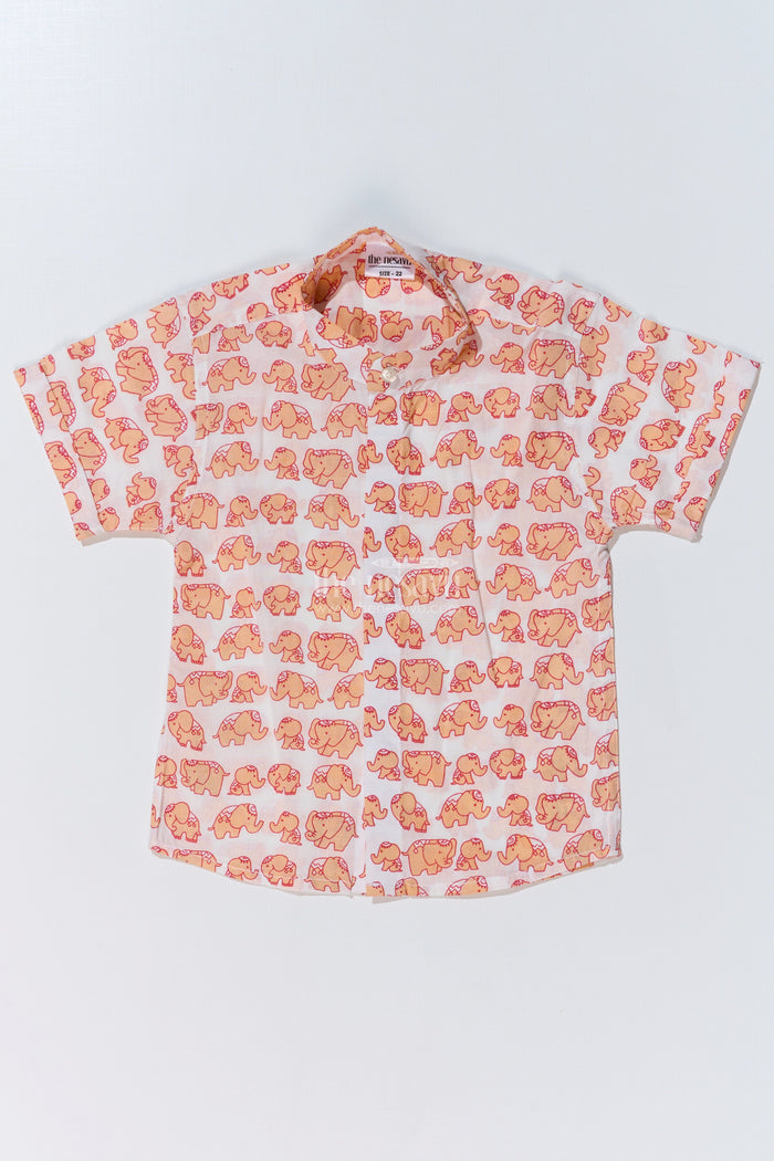 The Nesavu Boys Cotton Shirt Boys Orange Half Shirt in Cotton Block Print with Playful Elephant Motif Nesavu 16 (1Y) / Peach BS247C-16 Boys Orange Half Shirt Cotton Block Print Playful Elephant Print | The Nesavu