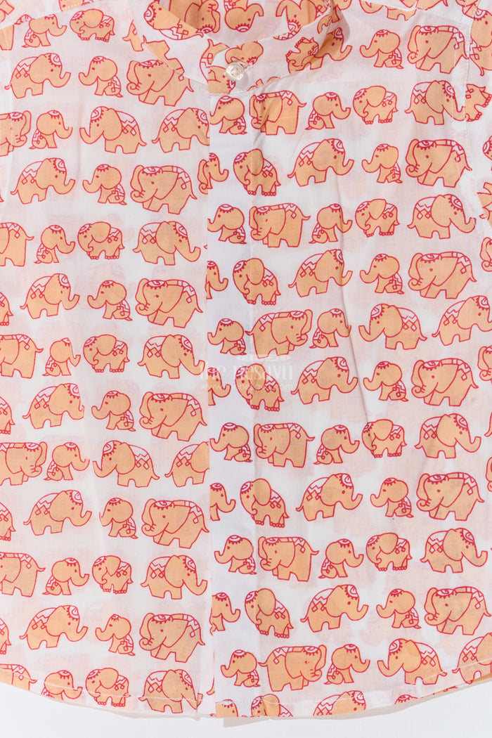 The Nesavu Boys Cotton Shirt Boys Orange Half Shirt in Cotton Block Print with Playful Elephant Motif Nesavu Boys Orange Half Shirt Cotton Block Print Playful Elephant Print | The Nesavu