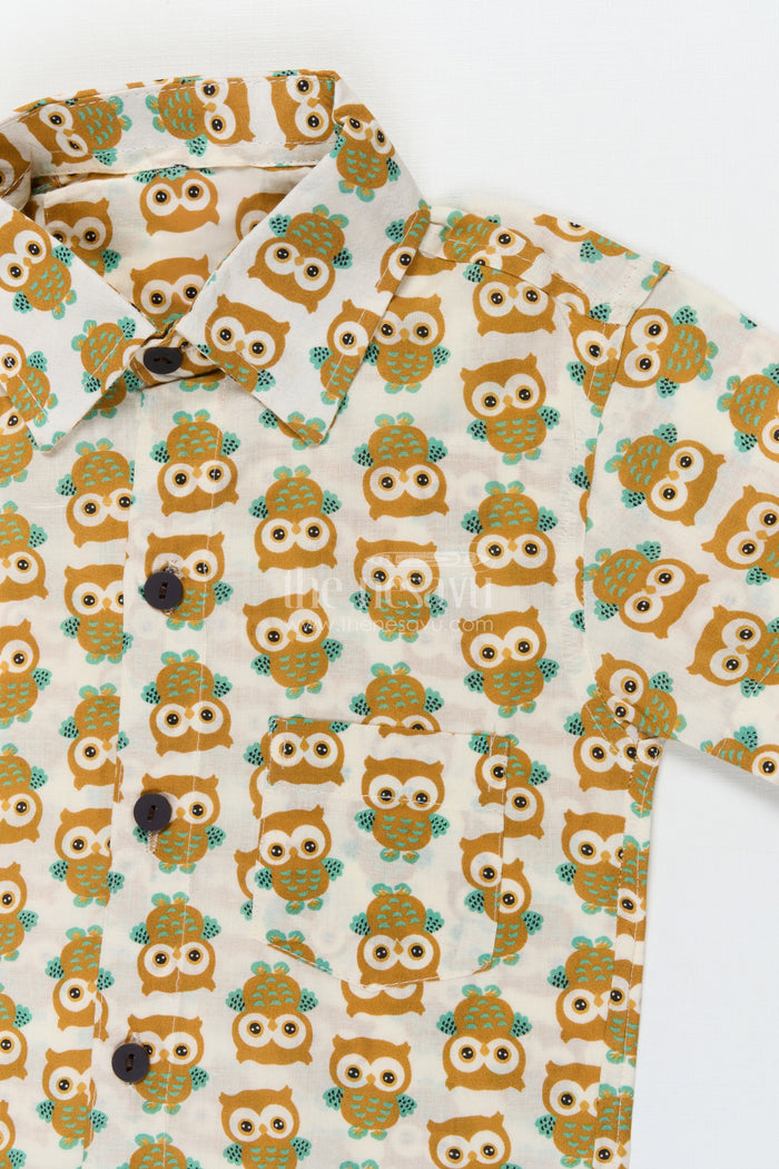 The Nesavu Boys Cotton Shirt Boys Owl Print Cotton Shirt for Casual Outings and Curious Minds Nesavu Nesavu boys cotton shirt with owl print for playful days, school wear and storytime fun