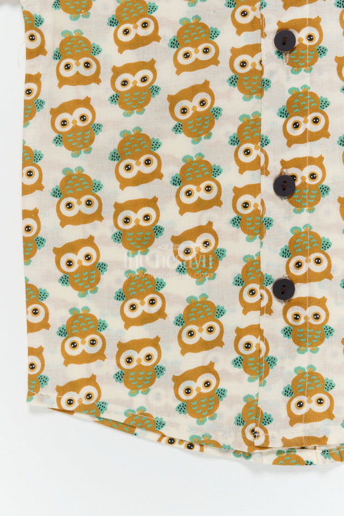 The Nesavu Boys Cotton Shirt Boys Owl Print Cotton Shirt for Casual Outings and Curious Minds Nesavu Nesavu boys cotton shirt with owl print for playful days, school wear and storytime fun