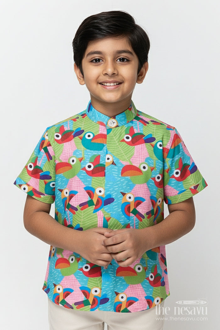 The Nesavu Boys Linen Shirt Boys Parrot Print Linen Shirt for Birthday Parties and Weekend Fun Nesavu 16 (1Y) / Multicolor BS370A-16 Nesavu boys parrot digital print linen shirt birthday celebrations cheerful casual wear
