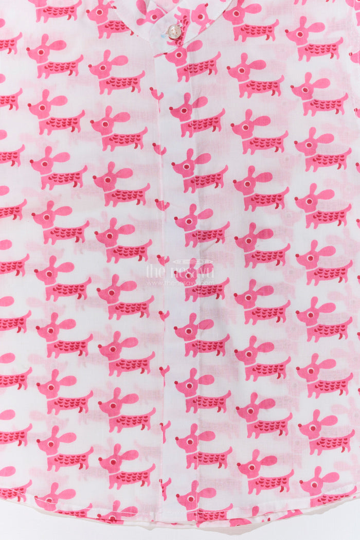 The Nesavu Boys Cotton Shirt Boys Pink Half Shirt in Cotton Block Print with Adorable Dog Design Nesavu Nesavu Boys Pink Half Shirt Cotton Block Print Cute Dog Pattern