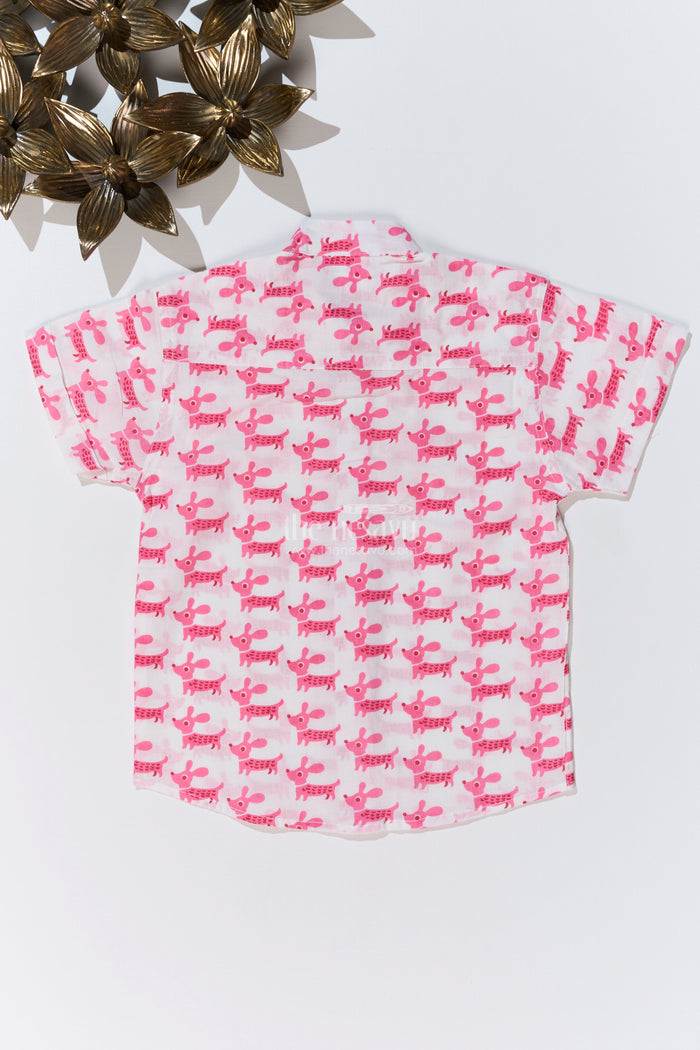 The Nesavu Boys Cotton Shirt Boys Pink Half Shirt in Cotton Block Print with Adorable Dog Design Nesavu Boys Pink Half Shirt Cotton Block Print Cute Dog Pattern | The Nesavu