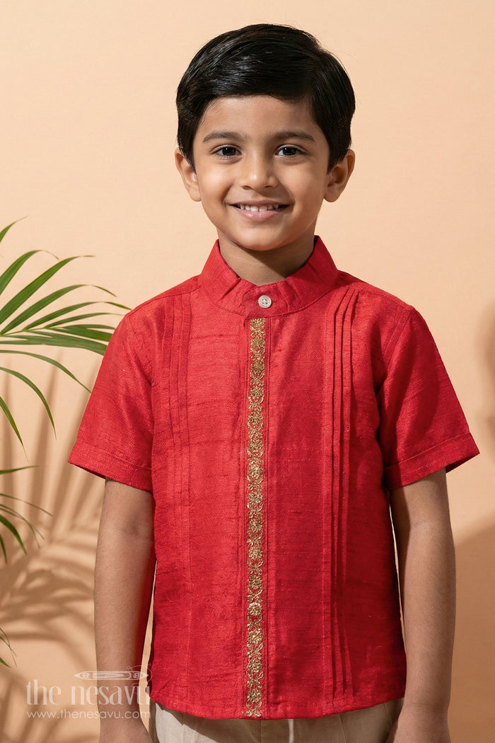 The Nesavu Boys Silk Shirt Boys Pink Shirt Silk with Embroidered Front Panel and Short Sleeves for Traditional Wear Nesavu 16 (1Y) / Pink BS230A-16 Boys Pink Silk Shirt Embroidered Front Panel Short Sleeves Festive Wear | The Nesavu