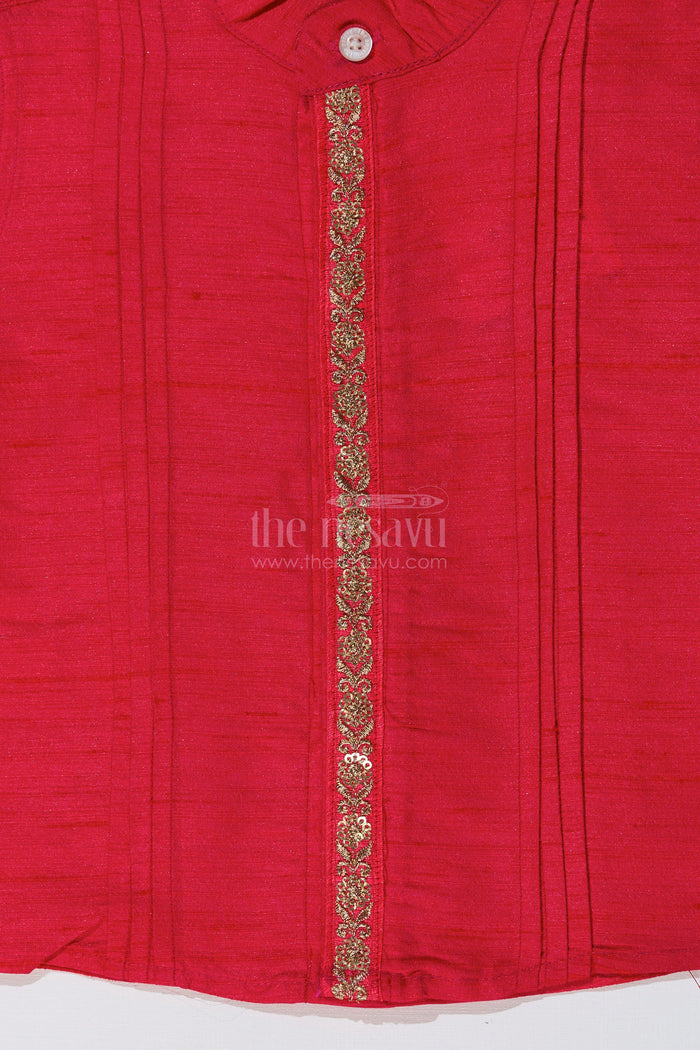 The Nesavu Boys Silk Shirt Boys Pink Shirt Silk with Embroidered Front Panel and Short Sleeves for Traditional Wear Nesavu Nesavu Boys Pink Silk Shirt Embroidered Front Panel Short Sleeves Festive Wear