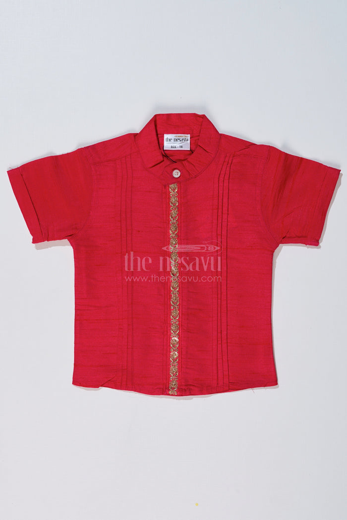 The Nesavu Boys Silk Shirt Boys Pink Shirt Silk with Embroidered Front Panel and Short Sleeves for Traditional Wear Nesavu 16 (1Y) / Pink BS230A-16 Boys Pink Silk Shirt Embroidered Front Panel Short Sleeves Festive Wear | The Nesavu