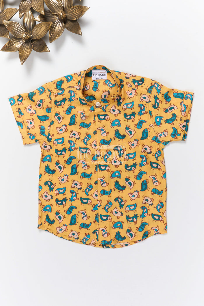 The Nesavu Boys Linen Shirt Boys Playful Print Linen Shirt for Everyday Comfort and Fun Looks Nesavu 16 (1Y) / Yellow BS364B-16 Nesavu boys playful cartoon print linen shirt playdates family outings everyday dressing