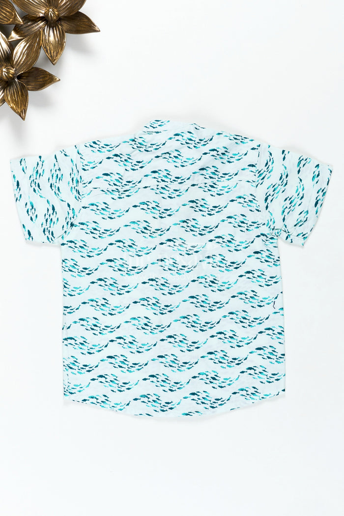 The Nesavu Boys Cotton Shirt Boys Printed Shirt in Soft Cotton with Blue Ocean Wave Motif and Digital Fish Pattern for Playful Styling Nesavu Nesavu Boys Printed Shirt Cotton Blue Ocean Fish Digital Print Light Comfortable Fabric