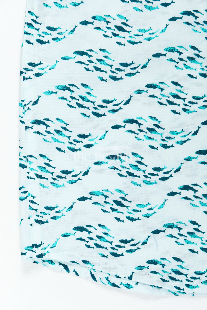 The Nesavu Boys Cotton Shirt Boys Printed Shirt in Soft Cotton with Blue Ocean Wave Motif and Digital Fish Pattern for Playful Styling Nesavu Nesavu Boys Printed Shirt Cotton Blue Ocean Fish Digital Print Light Comfortable Fabric