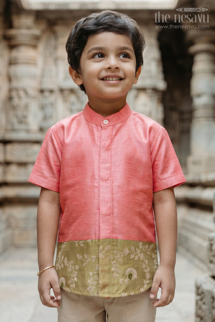 The Nesavu Boys Silk Shirt Boys Raw Silk Shirt for Festive Family Functions and Cultural Celebrations Nesavu 16 (1Y) / Pink / Raw Silk BS518A-16 Nesavu Boys Raw Silk Shirt With Woven Floral Border For Festive And Traditional Occasions