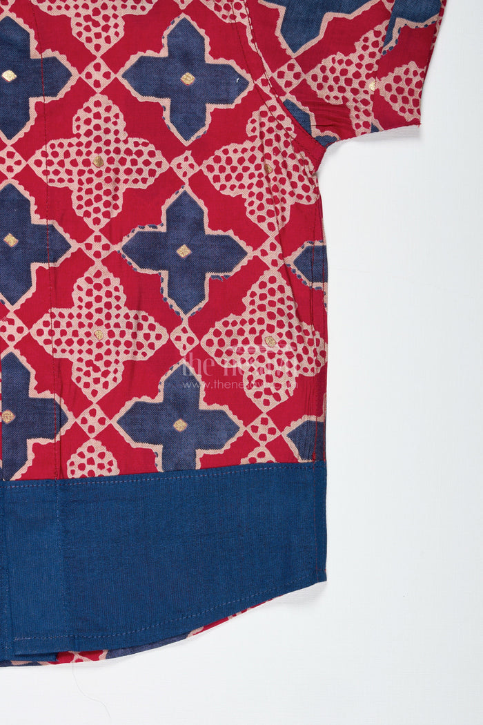 The Nesavu Boys Cotton Shirt Boys Red Printed Shirt in Viscose Modal Silk for Festive Wear Nesavu Nesavu Boys Red Modal Silk Printed Shirt Ethnic Festive Shirt Contrast Border Celebrations