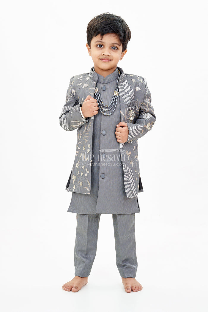 The Nesavu Boys Jacket Sets Boys Sherwani with Long Jacket in Silk Blend with Designer Embroidery and Elegant Detailing Nesavu Nesavu Boys Sherwani Long Jacket Silk Blend Designer Embroidery Regal Charm
