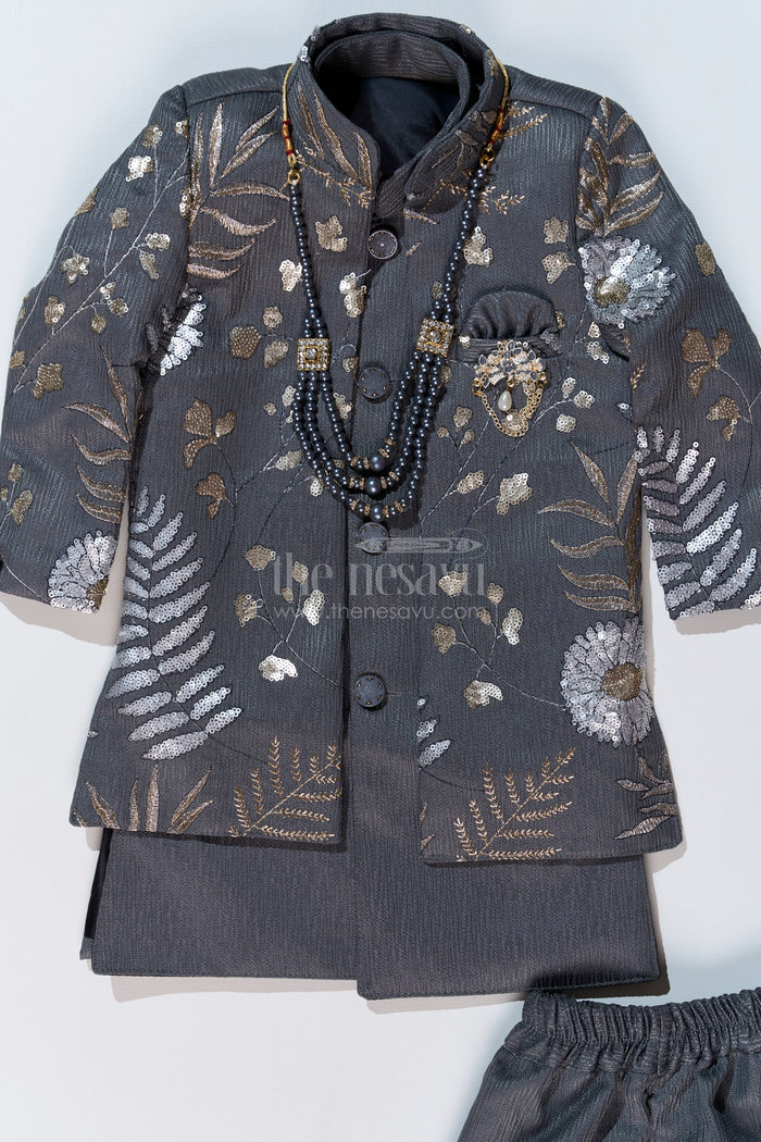 The Nesavu Boys Jacket Sets Boys Sherwani with Long Jacket in Silk Blend with Designer Embroidery and Elegant Detailing Nesavu Nesavu Boys Sherwani Long Jacket Silk Blend Designer Embroidery Regal Charm