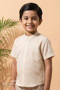 The Nesavu Boys Silk Shirt Boys Silk Shirt for Traditional Functions and Festive Wear Nesavu 16 (1Y) / Cream BS3781A-16 Nesavu boys tissue silk shirt with ethnic design for weddings and traditional occasions