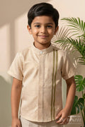 The Nesavu Boys Silk Shirt Boys Silk Shirt with Tissue Stripes for Festive Occasions Nesavu 14 (6M) / Gold / Silk Blend BS398A-14 Nesavu boys gold tissue silk shirt with stripes for weddings and festive traditional wear