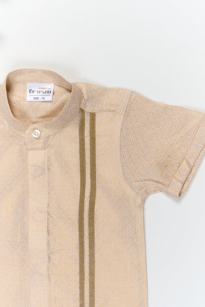 The Nesavu Boys Silk Shirt Boys Silk Shirt with Tissue Stripes for Festive Occasions Nesavu Nesavu boys gold tissue silk shirt with stripes for weddings and festive traditional wear